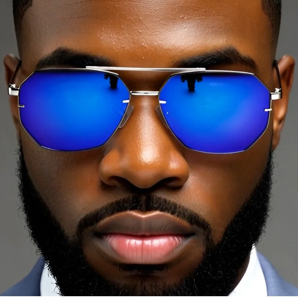 Blue Mirror Flat Lens Sunglasses Gold Frame UV400‎ Protection Men Shades Gafas